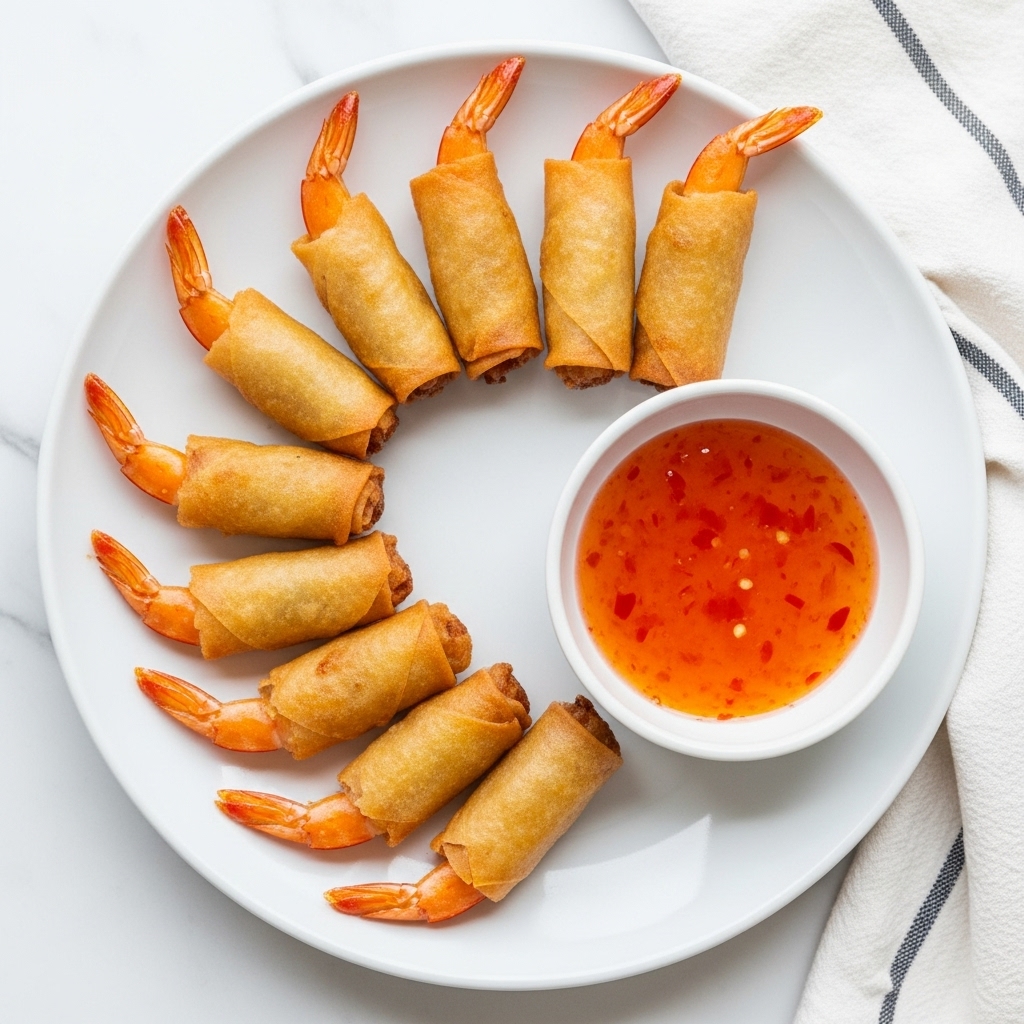 The image shows a white plate with nine fried shrimp spring rolls arranged in a semi-circle. Each roll is golden brown and crispy, with the orange shrimp tails sticking out from the open ends on one side. To the right side of the plate is a small white bowl filled with a bright, orange-red sweet chili dipping sauce that has visible chili flakes. The plate rests on a white marbled surface with part of a white and black striped cloth visible in the top right corner. Photo taken with an iphone --ar 4:5 --v 7