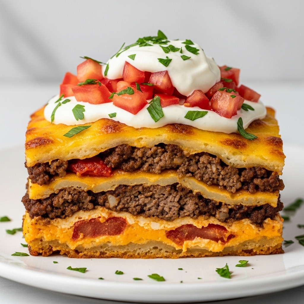 A close-up of a thick slice of layered dish on a white plate with a white marbled texture background. The dish has at least five visible layers: the bottom layer is melted orange-yellow cheese mixed with bits of cooked ground meat and tomato pieces, followed by a thick layer of dark brown cooked ground meat mixed with tomato chunks. Above that is another melted cheese layer with more ground meat. The top is covered with golden melted cheese with browned edges. On top, there is a dollop of smooth white sauce with drizzle running down the sides, fresh diced red tomatoes, and green chopped herbs sprinkled over the entire slice and plate edges. Photo taken with an iphone --ar 4:5 --v 7