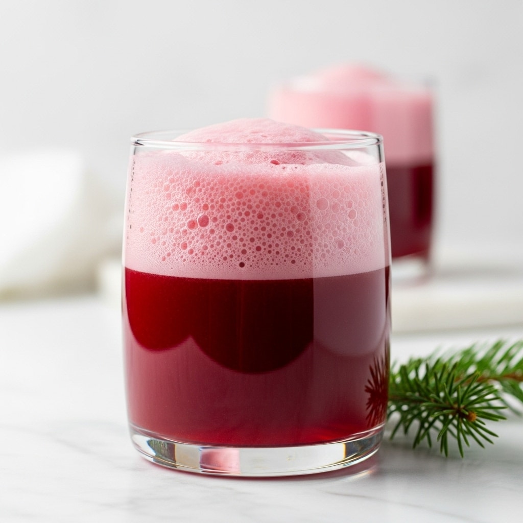 A clear glass filled with a two-layer drink sits on a white marbled surface. The bottom layer is a deep red liquid, smooth and slightly translucent. Above it is a thick, frothy pink foam that fills about one-fifth of the glass, with bubbles visible on the foam’s surface. The background is soft and mostly white, with a hint of another similar glass blurred in the back. A small green pine branch is placed on the surface near the base of the glass. Photo taken with an iphone --ar 4:5 --v 7