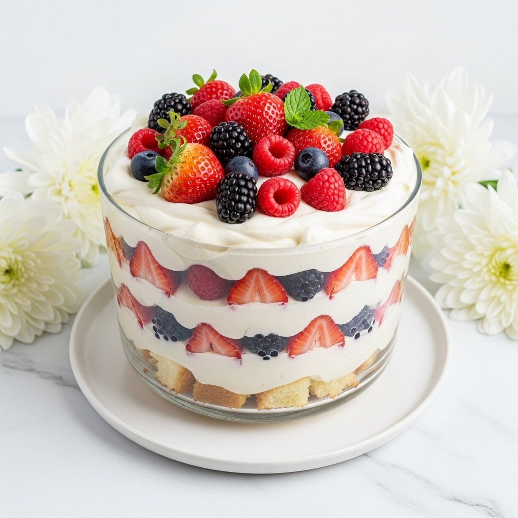 A clear glass bowl shows a layered dessert with five layers, sitting on a white plate over a white marbled surface. The bottom layer is pale cake pieces, followed by a smooth cream layer, then a mix of red raspberries and dark blueberries. This is repeated with another cake layer and cream layer mixed with berries. On top is a thick white whipped cream, crowned with whole and cut strawberries, raspberries, and blackberries, and a few small green leaves for color. Large white flowers surround the bowl, adding to the soft, fresh look. Photo taken with an iphone --ar 4:5 --v 7