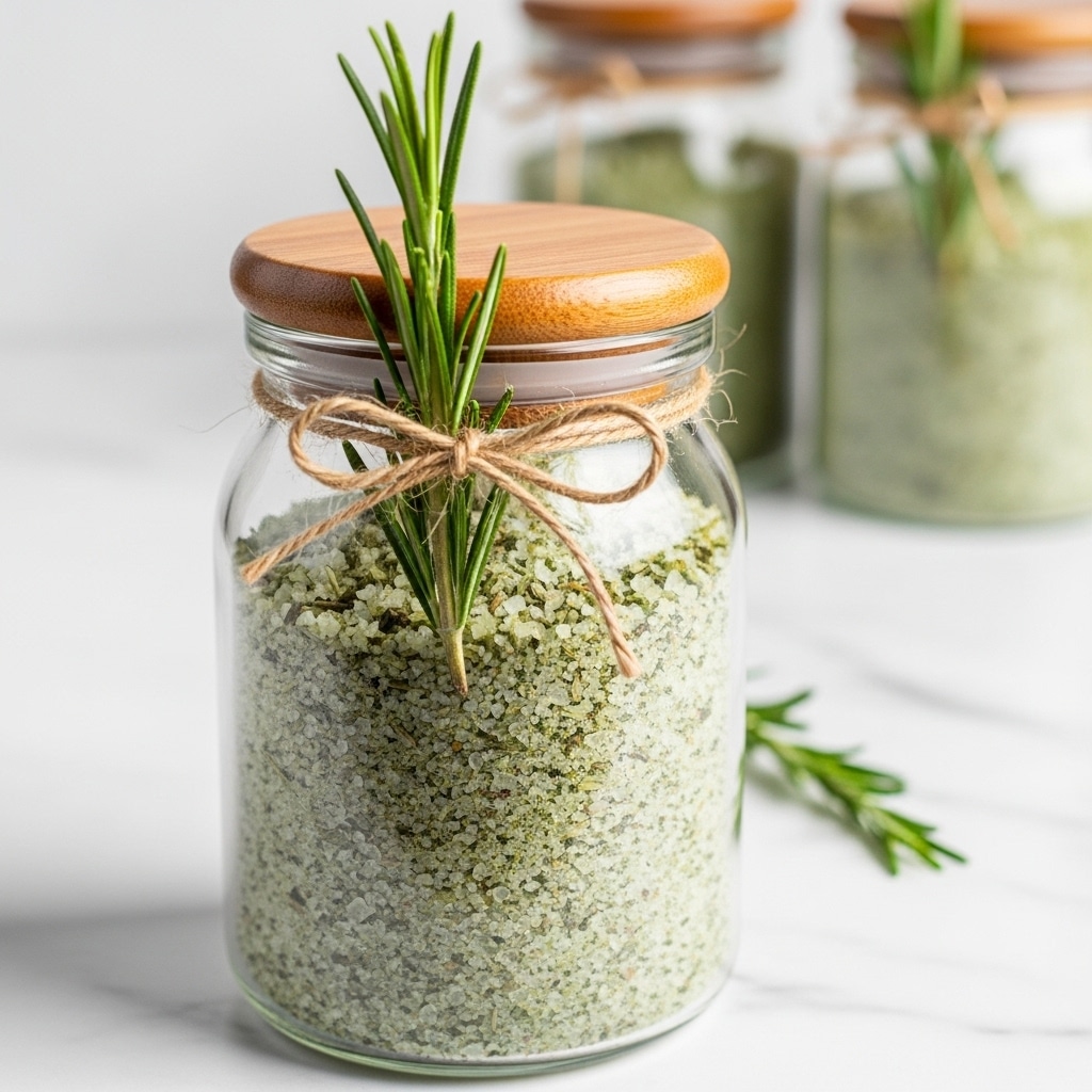 A clear glass jar filled nearly halfway with a light green herb salt mix, showing fine grainy texture mixed with small herb pieces; the jar is topped with a smooth, light brown wooden lid and wrapped around the middle with a thin rustic twine tied in a bow, holding a fresh green rosemary sprig upright against the jar. In the background, there are two blurry similar jars also filled with the herb salt mix, placed on a white marbled surface, creating a clean and simple kitchen vibe. photo taken with an iphone --ar 4:5 --v 7