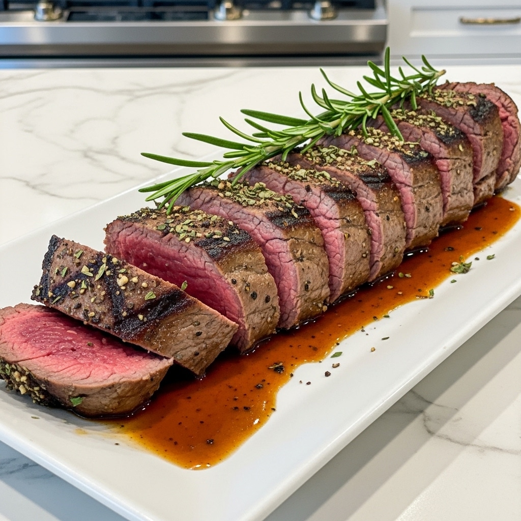 A long cut of beef tenderloin is sliced into thick pieces arranged in a line on a white rectangular plate. The meat has a brown seared outer layer with visible grill marks and a juicy pink center showing it is cooked medium rare. A rich, glossy dark brown sauce pools beneath the slices. Sprigs of fresh green rosemary lay on top of the tenderloin, adding a fresh look. Coarse black pepper and herbs are sprinkled across the meat for texture and color contrast. The plate is on a white marbled countertop with a kitchen stove blurred in the background. Photo taken with an iphone --ar 4:5 --v 7