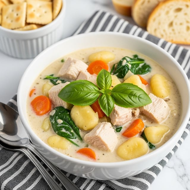 A bowl filled with creamy white chicken and vegetable soup, showing thick chunks of white chicken, soft light yellow potato pieces, and small orange carrot slices mixed with dark green spinach leaves, all in a smooth, pale creamy broth. The soup is garnished with fresh bright green basil leaves placed in the center on top. The bowl is white and sits on a black-and-white striped cloth with two shiny silver spoons resting beside it on a white marbled surface, with a small white bowl of crackers and slices of light brown bread blurred in the background. Photo taken with an iphone --ar 4:5 --v 7