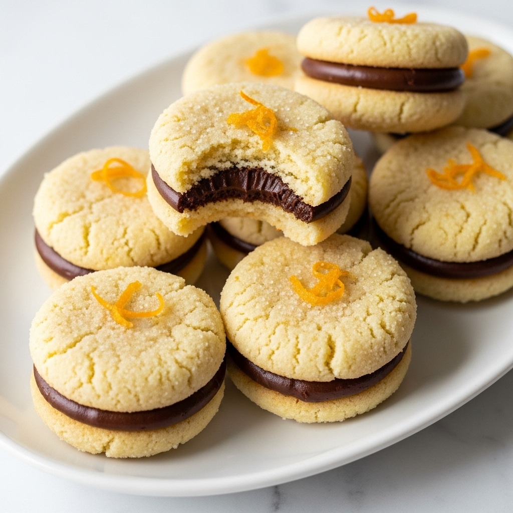A white oval plate filled with two-layered round sandwich cookies, each cookie layer is a soft pale yellow with a slightly grainy texture, speckled with orange zest and a dusting of sugar, with a smooth dark brown chocolate filling layer in the middle; the cookies are piled casually, one cookie on top has a bite taken out showing the creamy chocolate center, all placed against a white marbled surface photo taken with an iphone --ar 4:5 --v 7