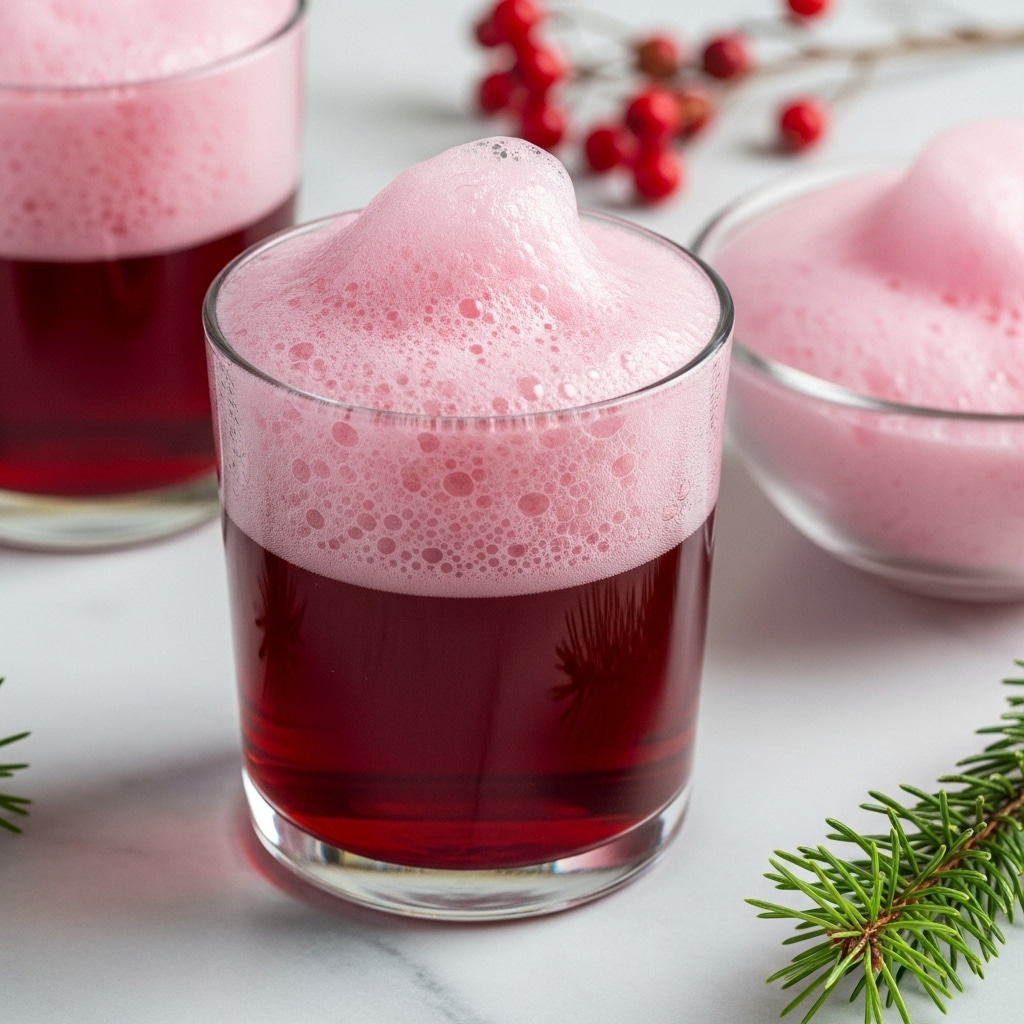 A clear glass filled with a deep red liquid makes up the bottom layer, smooth and slightly reflective, topped with a thick fluffy layer of light pink foam with many small air holes, creating a soft and frothy texture. The glass is placed on a white marbled surface, with another similar glass partly visible in the background, filled the same way. On the right side, a clear bowl with a thick rim holds more of the same pink foam, and to the lower right, a small branch of green pine leaves adds a natural touch. In the distant background, some red berries on thin stems blur softly. photo taken with an iphone --ar 4:5 --v 7
