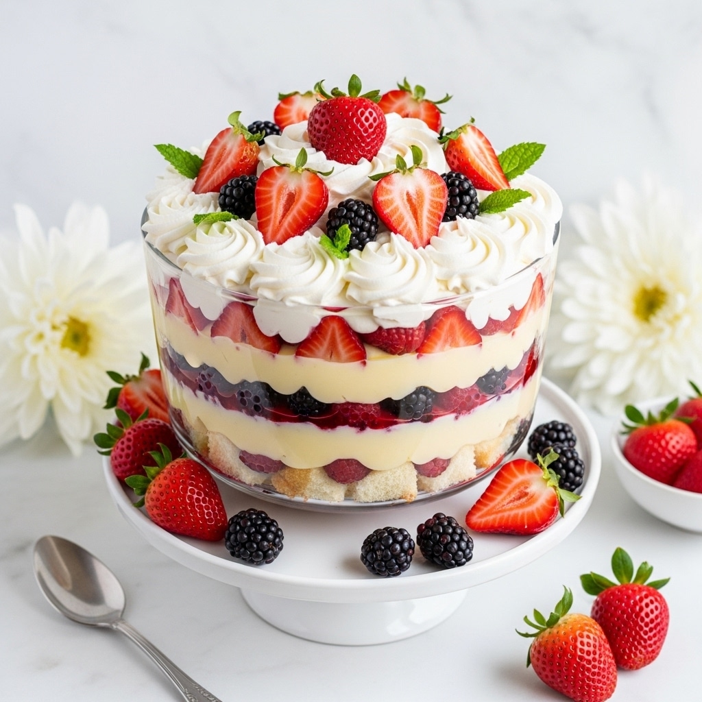 A clear glass bowl with four visible layers on a white cake stand, starting from the bottom with a layer of white cake pieces, followed by a layer of mixed red and dark berries, then a layer of smooth pale yellow custard, and a layer of white whipped cream with more mixed berries inside; on the top, a large swirl of white whipped cream is decorated with whole and halved strawberries and garnished with fresh green mint leaves; surrounding the cake stand are fresh strawberries, a silver spoon, and large white flowers, all placed on a white marbled surface. photo taken with an iphone --ar 4:5 --v 7
