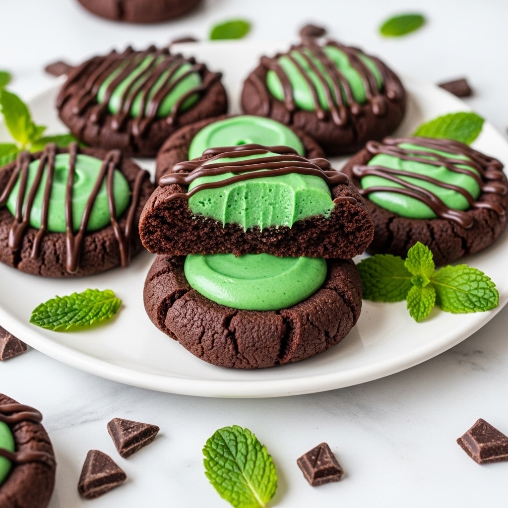 The image shows close-up of round chocolate cookies with dark chocolate drizzle on top. Each cookie has a thick layer of smooth, shiny green mint cream in the center. One cookie is stacked on another, with the top cookie broken in half to show the soft, moist, and rich dark brown inside. The cookies are on a white plate, placed on a white marbled surface scattered with small chocolate pieces and fresh green mint leaves. The overall look is rich and fresh with dark brown, green, and white colors. photo taken with an iphone --ar 4:5 --v 7
