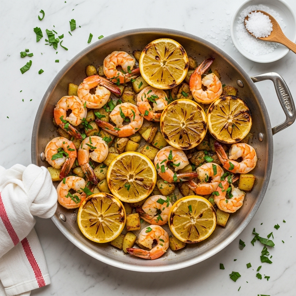 A silver pan filled with cooked shrimp that are light pink with slight char marks, mixed evenly with grilled lemon wedges that are bright yellow with caramelized brown edges, and small pieces of golden brown sautéed potatoes, all sprinkled with finely chopped green herbs on top. The pan sits on a white marbled surface with some scattered herb bits around it and a white and red striped towel tucked behind the pan's handle, while a white bowl with coarse salt and a wooden spoon is near the top right corner. photo taken with an iphone --ar 4:5 --v 7