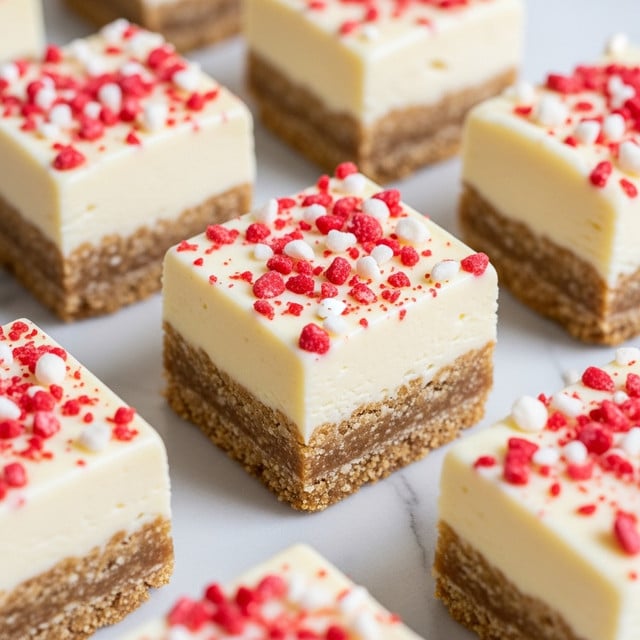 The image shows several small square treats placed closely together on a white marbled surface. Each treat has two layers: a bottom layer that is crumbly and light brown in color, and a smooth, creamy white top layer that is thicker and has a soft texture. The top of each treat is sprinkled evenly with small red and white crushed pieces, adding a textured and colorful contrast to the smooth white layer. The treats have neat, rounded edges and a glossy finish on the creamy top. photo taken with an iphone --ar 4:5 --v 7