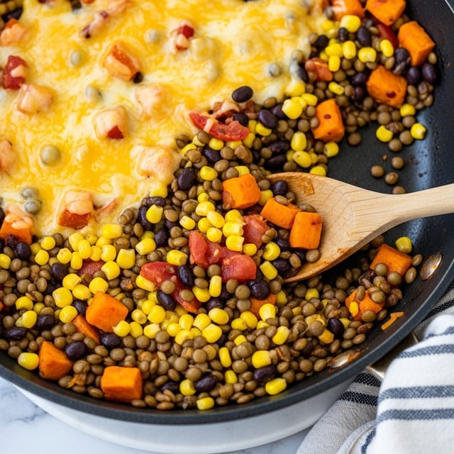 A close-up view of a skillet filled with a mixed dish of several layers, starting with cooked green lentils as the base, mixed evenly with black beans and bright yellow corn kernels scattered throughout. Visible chunks of orange sweet potato and red tomato pieces are mixed in, adding pops of color. The dish is topped with melted yellow cheese, partially covering the ingredients, giving a creamy texture. A wooden spoon is partially dipped into the mixture inside the skillet, which rests on a white marbled surface alongside a striped cloth. photo taken with an iphone --ar 4:5 --v 7