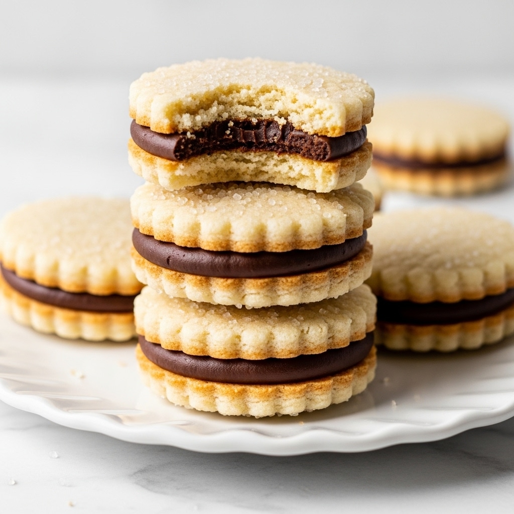 There is a close-up of a stack of five sandwich cookies on a white plate with a ruffled edge, placed on a white marbled texture. Each cookie has two light beige, slightly crumbly round layers with a textured edge, and a thick dark brown filling layer in between. The top cookie has a bite taken out, showing the soft, crumbly inside and the smooth filling. Some sugar crystals are visible on the cookie surfaces. Photo taken with an iphone --ar 4:5 --v 7