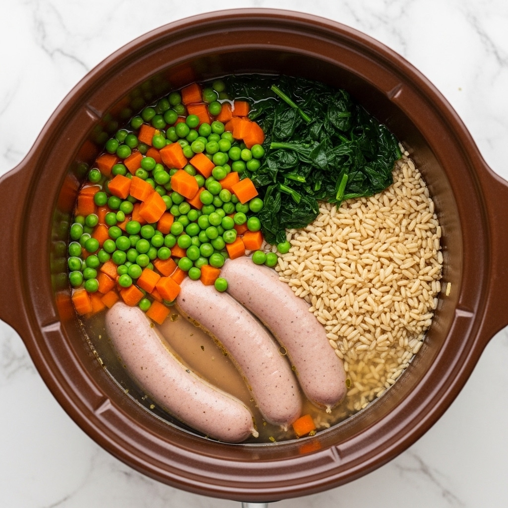 The image shows a brown slow cooker filled with three light pink sausages placed slightly diagonally inside. To the right of the sausages is a layer of uncooked light brown rice. On top of the sausages and rice, there is a generous mix of small bright orange carrot cubes, fresh green peas, and dark green chopped spinach, all sitting in clear broth. The cooker is set on a white marbled surface. Photo taken with an iphone --ar 4:5 --v 7