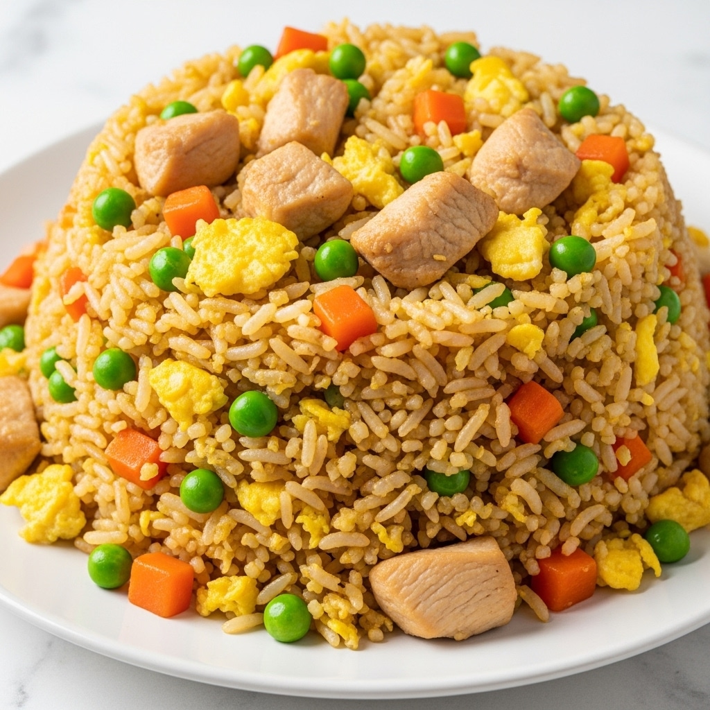 A close-up view of a plate filled with fried rice, showing multiple layers of golden-brown cooked rice mixed with bits of light yellow scrambled eggs, small orange carrot pieces, bright green peas, and chunks of light brown cooked chicken, all evenly distributed. The rice grains have a shiny, slightly oily texture, and the colors are warm and inviting. The plate is white, placed on a white marbled surface. photo taken with an iphone --ar 4:5 --v 7