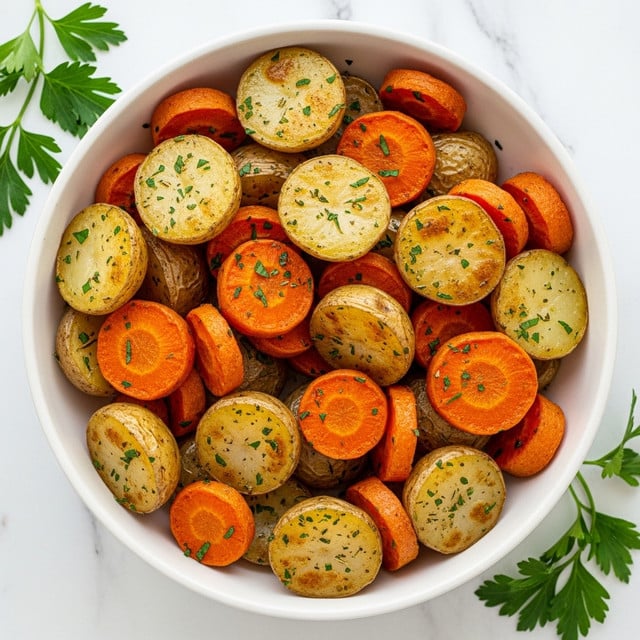 A white bowl filled with roasted baby potatoes and carrot slices mixed together, the potatoes halved showing a golden brown, crispy texture with a slightly soft inside, and the carrots cut into thick round pieces with a bright orange color and slight browning from roasting. The vegetables are sprinkled with herbs, small green flecks adding texture and color, and there are sprigs of fresh parsley placed around the edge of the bowl, all set against a white marbled background. photo taken with an iphone --ar 4:5 --v 7