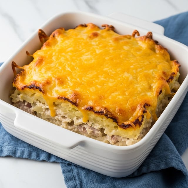 A white ceramic square dish filled with a two-layer casserole; the top layer is a melted, golden-yellow cheese that covers a creamy, pale beige base mixed with small chunks of ingredients, likely potatoes or meat. The edges of the cheese have browned slightly from baking, giving a crispy texture. The dish is placed on a white marbled surface with a blue cloth partially under the dish. Photo taken with an iphone --ar 4:5 --v 7