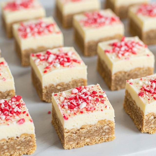 This image shows many small square treats arranged close together on a white marbled surface. Each piece has two layers: a thicker bottom layer that is beige and crumbly in texture, and a smooth, creamy white topping layer. On top of the white layer, there are small sprinkles of crushed red and white candy, scattered unevenly on each square. The edges of the treats are clean and slightly rounded, giving them a neat appearance. The lighting is soft, highlighting the smooth texture of the white layer and the roughness of the crumbs underneath. Photo taken with an iphone --ar 4:5 --v 7