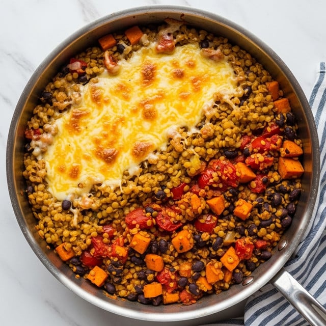 A stainless steel pan filled with a cooked mixture that has three visible layers: the bottom layer is a blend of yellow lentils and black beans mixed with diced red tomatoes and orange sweet potatoes, creating a dense base with earthy colors; the top layer is melted yellow cheese spread unevenly over the dish, with bubbling and gooey textures, some spots more browned than others; the pan sits on a white marbled surface with a striped blue and white cloth partially underneath the handle, which is visible in the corner. Photo taken with an iphone --ar 4:5 --v 7