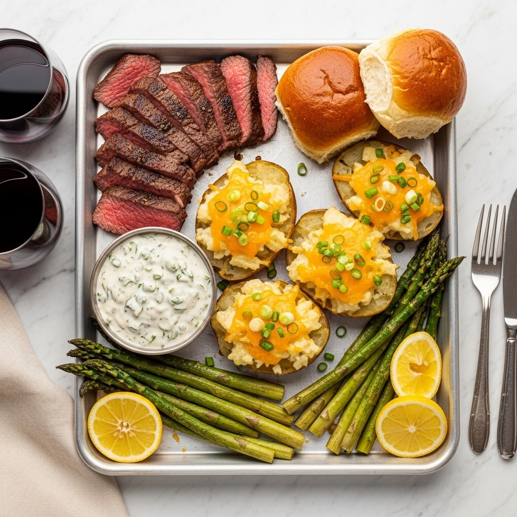 A metal tray holds a meal arranged in sections: on the top left are medium-rare steak slices with a deep brown crust and pink centers, next to two shiny, golden brown dinner rolls on the top right; below the steak is a small round bowl filled with creamy white sauce with green herbs, surrounded by four twice-baked potato halves topped with melted yellow cheese and chopped green onions; at the bottom right and left edges of the tray are bundles of roasted green asparagus spears with slight browning, separated by two lemon wedges. The tray sits on a white marbled surface with two glasses of red wine and silver forks and knives nearby. photo taken with an iphone --ar 4:5 --v 7