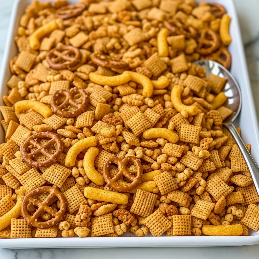 The image shows a large white tray full of a crunchy snack mix with many different shapes and textures. There are small square and rectangular cereal pieces with a light brown, toasted color, along with longer, curly, and tubular snacks in golden yellow and orange shades. Some pretzel pieces with a distinct twisted shape and smooth, shiny surfaces are scattered throughout. The mix has a lightly dusted seasoning covering all the pieces, adding a slightly reddish tone. A metal spoon is partially visible on the right side of the tray, ready to scoop the snack. The tray sits on a white marbled surface that contrasts with the warm colors of the mix. photo taken with an iphone --ar 4:5 --v 7