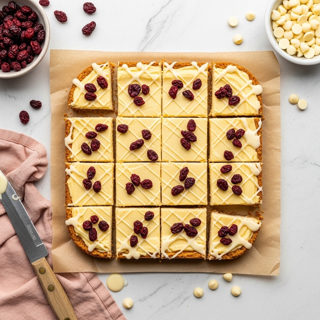 A square dessert bar cut into 12 triangular pieces sits on brown parchment paper over a white marbled surface. The bottom crust layer is golden brown and looks firm. On top is a thick creamy white layer with a smooth texture, scattered with small dark red dried fruit pieces. The dessert is drizzled with thin streams of white icing in a crisscross pattern. Nearby, a white bowl filled with white chocolate chips and a small white bowl of dried fruit sit on the white marbled surface. A knife with a light wooden handle lies beside the dessert, resting on a light pink cloth. Small yellow fairy lights add a warm glow around the dessert. Photo taken with an iphone --ar 4:5 --v 7