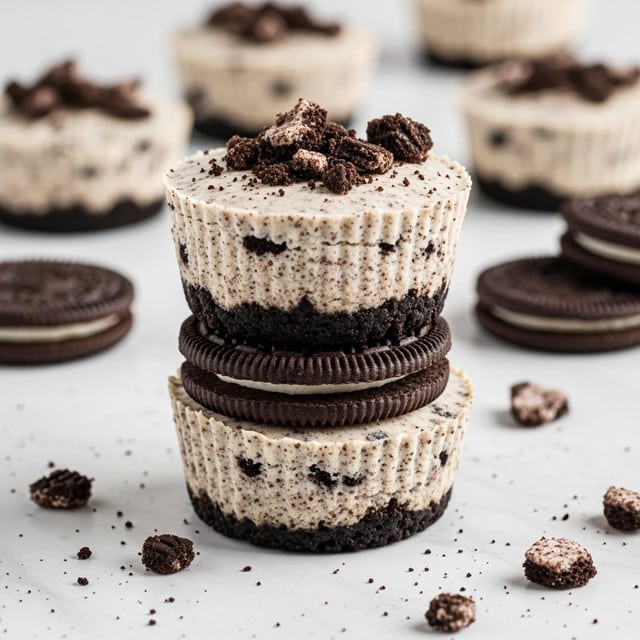 The image shows a stack of three creamy cookies and cream mini cheesecakes placed vertically, each cheesecake separated by a whole dark chocolate sandwich cookie layer. The cheesecakes have a light beige color filled with tiny dark cookie crumbs, with a rough, slightly bumpy texture on the sides and top. Crushed cookie pieces are sprinkled on top of the stack and around on the white marbled surface. In the background, blurred cheesecakes and whole dark chocolate sandwich cookies lie scattered. photo taken with an iphone --ar 4:5 --v 7