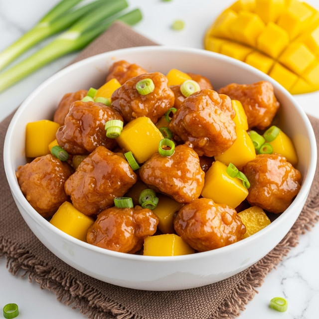 A white bowl filled with saucy orange chicken pieces mixed with bright yellow mango cubes and chopped green onions, all evenly coated in a glossy, thick brown sauce. The chicken chunks look crispy but soft inside, mixed with the juicy mango and fresh green onion pieces for color contrast. The bowl sits on a rustic brown cloth on a white marbled surface, with some whole green onions and a slice of mango in the background. photo taken with an iphone --ar 4:5 --v 7