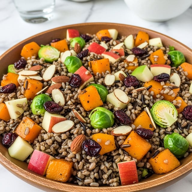 A close-up photo shows a colorful grain salad served in a round wooden bowl. The salad has many small cubes of bright orange roasted squash mixed with pieces of red and green apple. There are small green Brussels sprout leaves, thinly sliced light brown almonds, and dark red dried cranberries spread evenly throughout. The grains look like brown rice or wild rice, adding a textured base in shades of brown. The background surface is a white marbled texture with a blurry glass and white bowl in the background. photo taken with an iphone --ar 4:5 --v 7