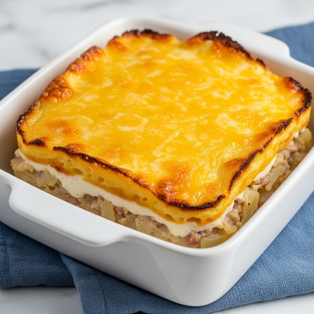 The image shows a white dish with a creamy layered potato salad. The bottom layer is made up of soft, pale yellow potato chunks mixed with a thick, white mayonnaise-like sauce. The top layer is covered with melted, bright orange cheddar cheese, speckled lightly with black pepper. A scoop has been taken out from the dish, revealing the creamy, smooth inside layers of potatoes and sauce. The dish sits on a white marbled surface. photo taken with an iphone --ar 4:5 --v 7