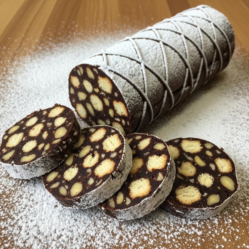 The image shows a chocolate salami dessert with a cylindrical shape, wrapped in a thin layer of powdered sugar that looks like white powder with crisscross tied strings on the outside. The inside reveals a dark chocolate base mixed with chunks of light beige biscuit pieces and yellowish nuts scattered throughout. Several round slices of the dessert are laid out in front of the whole piece. The dessert rests on a wooden surface dusted with powdered sugar. photo taken with an iphone --ar 4:5 --v 7