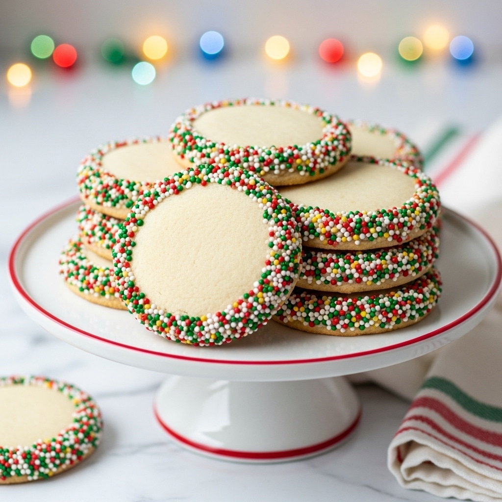 Round shortbread cookies with a smooth light beige top surface are stacked on a white cake stand with a thin red rim. Each cookie has its edges covered with small, round red, white, green, and yellow sprinkles that add a colorful and festive texture. The stand sits on a white marbled surface, and blurred colorful lights in the background add a soft, warm glow. A folded cloth with red, white, and green stripes lies nearby. Photo taken with an iphone --ar 4:5 --v 7
