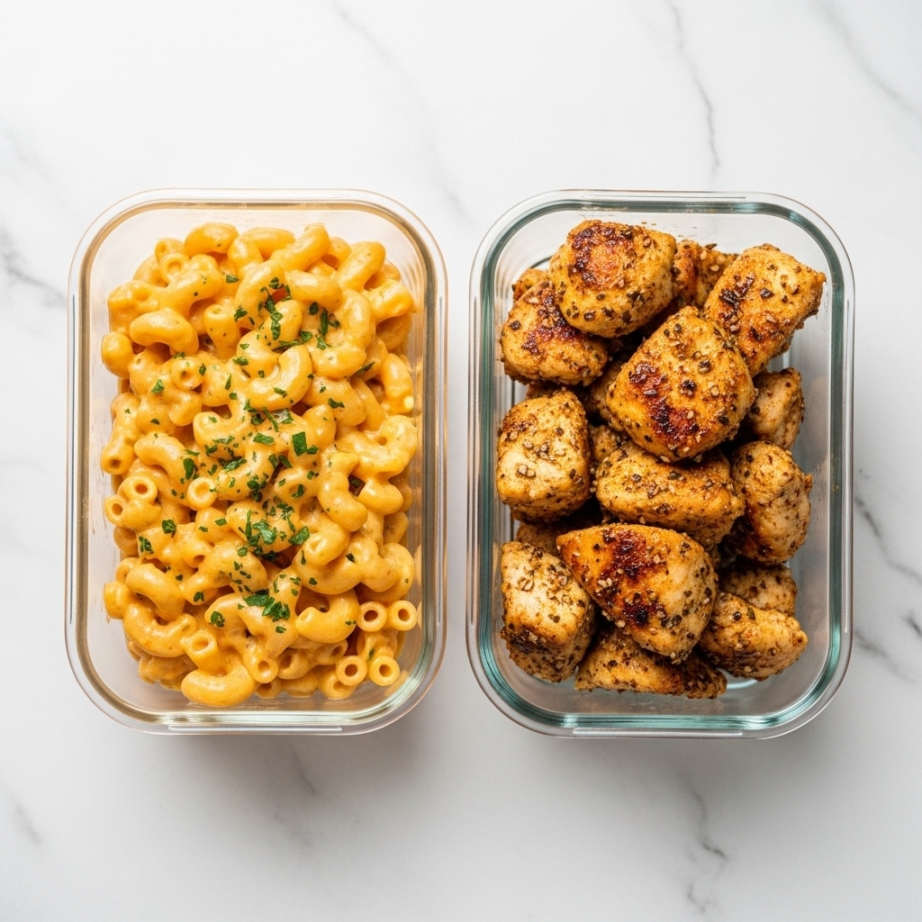 Two clear glass containers are stacked on a white marbled surface. Each container is divided evenly into two sections: the left side holds creamy, orange-colored macaroni and cheese with small pieces of green herbs sprinkled on top, while the right side contains golden brown, grilled chicken chunks coated with herbs and spices. The creamy texture of the macaroni contrasts with the slightly crispy and saucy look of the chicken, both appearing warm and flavorful. photo taken with an iphone --ar 4:5 --v 7