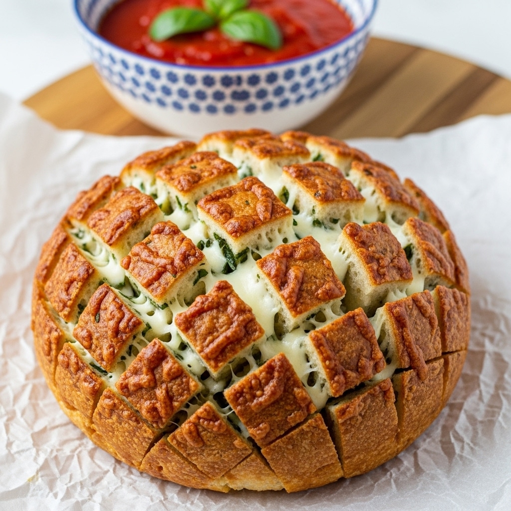 A round loaf of bread is cut deeply into a grid pattern, creating many square layers. Each layer has melted white cheese and bits of green herbs, giving the bread a mix of golden brown crust, white cheese, and dark green spots. The bread sits on white crinkled paper on a wooden board, and behind it, there is a white bowl with blue patterns filled with bright red tomato sauce, topped with small green leaves. The overall look shows the bread as soft inside with gooey cheese and toasted edges. photo taken with an iphone --ar 4:5 --v 7