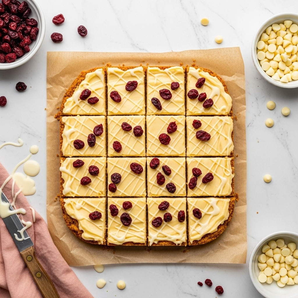 A square bar dessert cut into twelve triangle pieces sits on light brown parchment paper. The bottom layer is a golden crust, topped by a smooth, creamy pale yellow layer. Scattered on top are small dark red dried fruit bits, and thin white glaze drizzle covers the whole surface in a crisscross pattern. Around the dessert are a bowl of dried fruits and a white bowl with white chocolate chips. A knife with a wooden handle lies on pink cloth near the corner, with a few drops of glaze around. The background is a white marbled texture. photo taken with an iphone --ar 4:5 --v 7