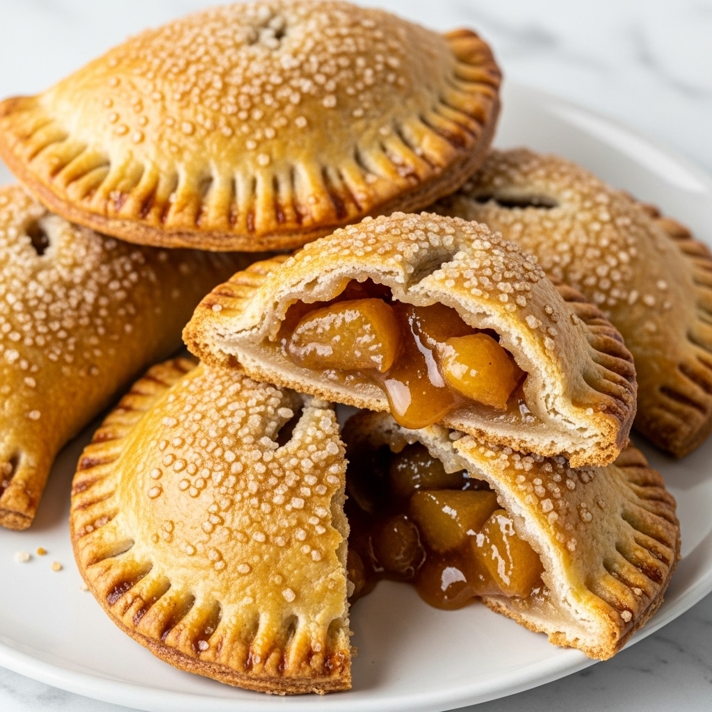 Several golden brown hand pies with a layered, flaky crust are shown on a white plate, placed on a white marbled surface. Most hand pies are closed, showing a crimped edge pattern, while one is cut open, revealing a warm, chunky apple filling with chunks and a syrupy texture inside. The tops of the pies are slightly glossy and sprinkled with coarse sugar, creating a sparkly effect. The edges are darker brown, showing a perfect bake. Photo taken with an iphone --ar 4:5 --v 7