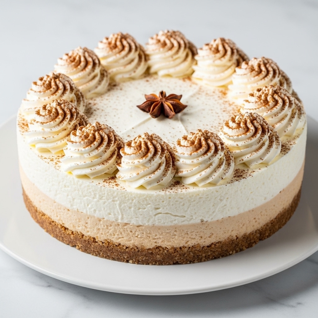A round cheesecake with three clear layers sits on a white plate over a white marbled surface. The bottom layer is crumbly and golden brown, the middle layer is thick, smooth and creamy white, and the top layer is lightly dusted with cinnamon powder. Around the edge of the cheesecake, there are eight evenly spaced swirls of whipped cream, each sprinkled lightly with cinnamon. On top in the center, there are two cinnamon sticks crossed over each other. The photo is taken with an iphone --ar 4:5 --v 7