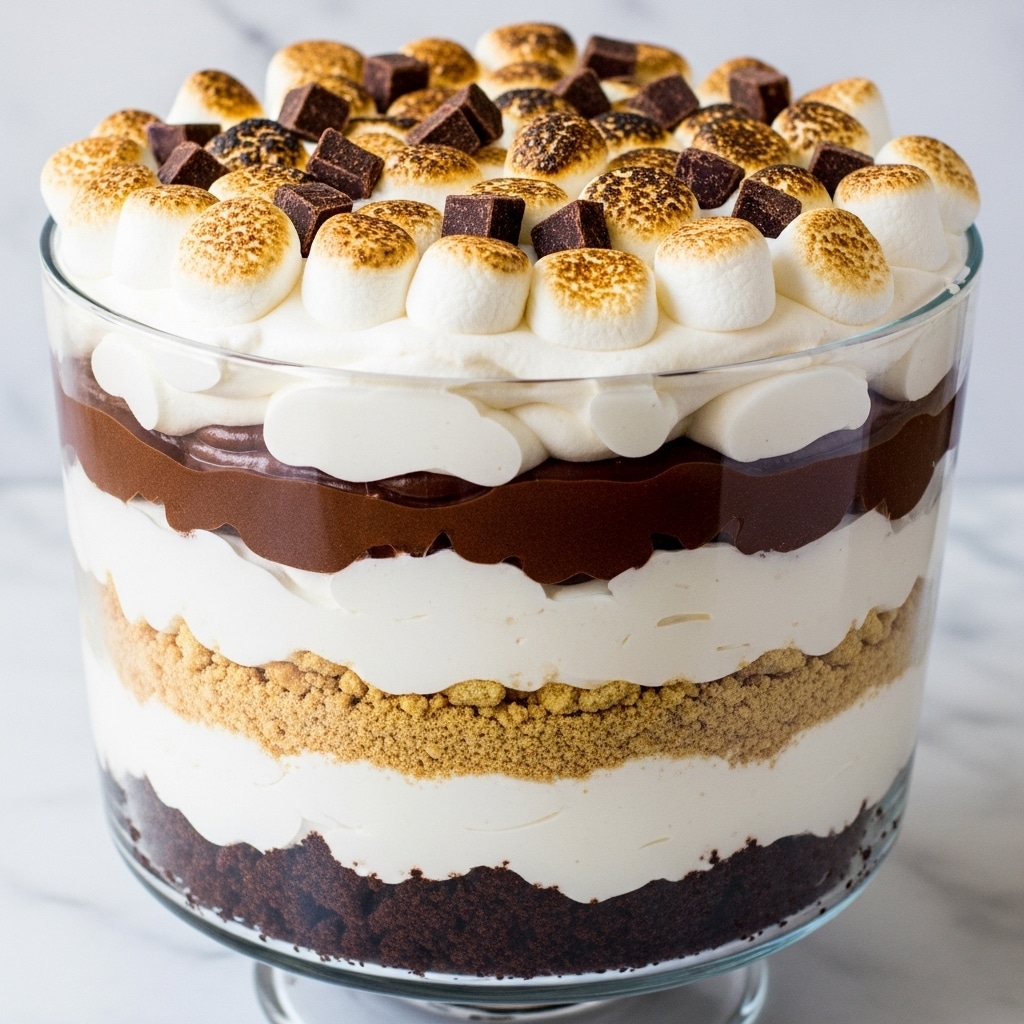 A clear glass trifle bowl shows a layered dessert with five clear, distinct layers. The bottom layer is dark brown, looking like crumbled chocolate cake. Above that is a thick layer of smooth milk chocolate pudding, dark brown and creamy. Next is a white layer of marshmallow cream, fluffy and thick. Then there is a layer made from light tan crushed graham crackers, rough in texture. On top of that is another thick marshmallow cream layer, white and soft, topped with toasted mini marshmallows that are golden brown on top. Scattered among the marshmallows are small chunks of dark chocolate pieces, giving a mix of creamy and crunchy textures. The bowl sits on a surface with a white marbled texture. photo taken with an iphone --ar 4:5 --v 7