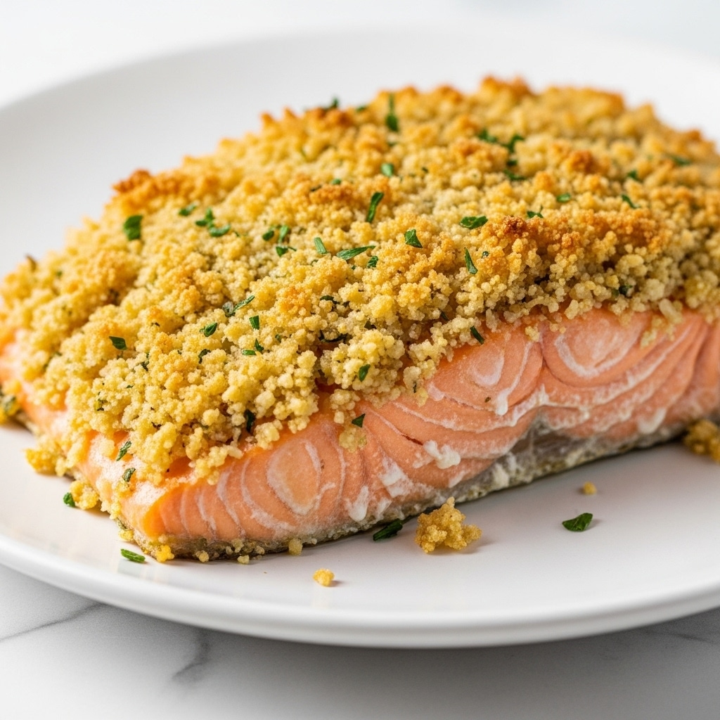A close-up view of a thick salmon fillet on a white plate, showing two main layers: the bottom layer is the light pink, moist salmon flesh with visible grain, and the top layer is a crispy golden-brown crust made of toasted breadcrumbs mixed with herbs. The crust has dark browned spots and is sprinkled with small green herb bits, providing texture contrast. The white plate sits on a white marbled surface with soft natural light in the background. Photo taken with an iphone --ar 4:5 --v 7
