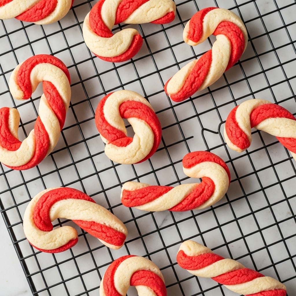 The image shows a cooling rack with candy cane shaped cookies placed on top, each cookie twisted with two thick layers: one bright red and one creamy white, both with a textured, slightly rough surface that looks soft and freshly baked. The candy canes are arranged randomly on the black cooling rack, which rests on a white marbled texture underneath, creating a clean and simple background. The red and white layers spiral together smoothly, highlighting the twisted shape clearly. Photo taken with an iphone --ar 4:5 --v 7