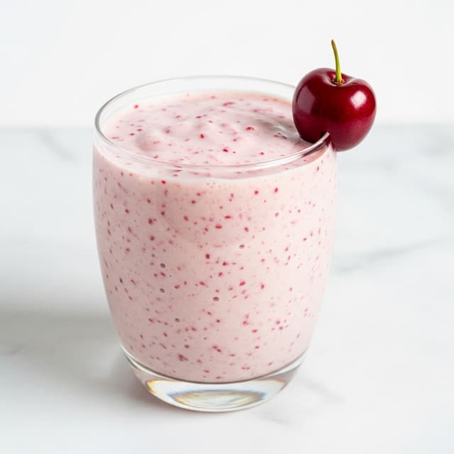 A clear glass filled almost to the top with a creamy, pale pink smoothie that has small red specks throughout, showing a thick yet smooth texture. A single deep red cherry is placed on the rim of the glass as a garnish. The glass sits on a white marbled surface, and the background is plain white, keeping the focus on the drink. photo taken with an iphone --ar 4:5 --v 7