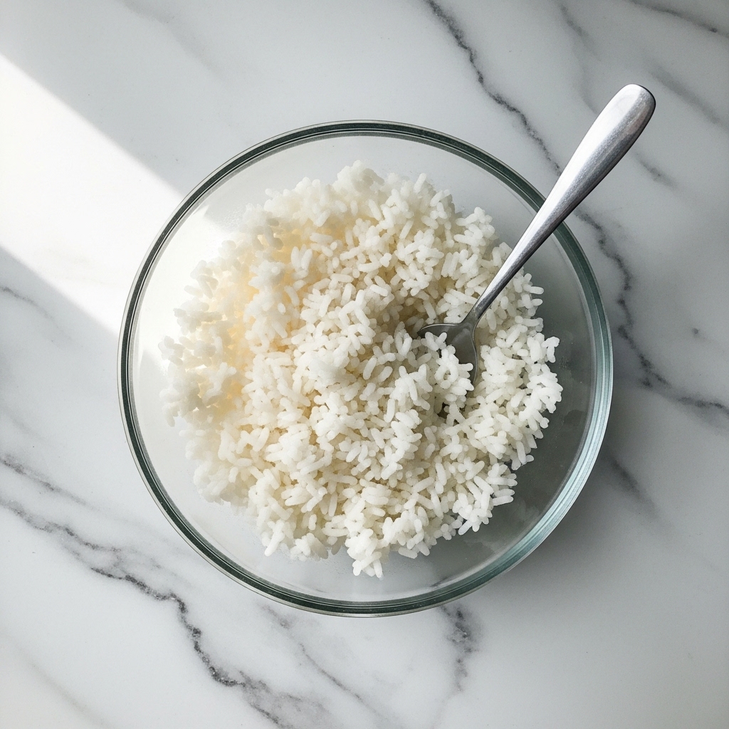 A clear bowl filled with one layer of fluffy white cooked rice, each grain distinct and soft, with a silver spoon resting inside the bowl, slightly submerged in the rice at the right side. The bowl sits on a white marbled surface, showing texture and light reflections clearly. Photo taken with an iphone --ar 4:5 --v 7