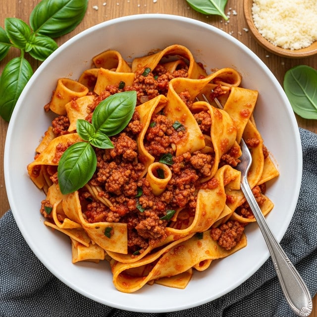 A white bowl filled with wide, flat pasta noodles coated in a rich red meat sauce with visible chunks of ground meat and small green herb pieces mixed throughout. The pasta layers are gently folded and intertwined with the thick sauce. On one side, a fresh green basil sprig rests on top, adding a pop of color. A silver fork is partially placed inside the pasta on the right side. The bowl is sitting on a wooden surface with a small light brown bowl of grated cheese nearby and scattered basil leaves around, with a dark gray textured cloth partially visible below the bowl. photo taken with an iphone --ar 4:5 --v 7