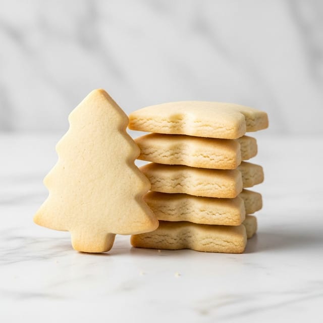 A small stack of five thick Christmas tree-shaped sugar cookies are arranged on a white marbled surface, with one cookie leaning in front of the stack. Each cookie is pale golden in color with a smooth texture and clearly defined tree shape. The background is a white marbled surface that contrasts with the cookies. Photo taken with an iphone --ar 4:5 --v 7
