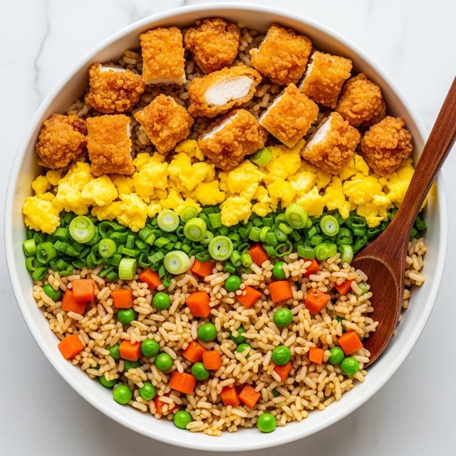 A bowl filled with fried rice showing many layers, starting with light brown rice grains mixed with small diced orange carrots and green peas, scattered throughout. Chunks of golden-brown fried chicken pieces are spread evenly above the rice, adding a crispy texture. Small bright yellow scrambled egg pieces sit on top and among the rice and chicken, giving a soft and fluffy look. Small bits of bright green chopped scallions are sprinkled over all the layers, adding fresh color. A wooden spoon rests inside the bowl on the right. The bowl is white, placed on a white marbled surface. Photo taken with an iphone --ar 4:5 --v 7