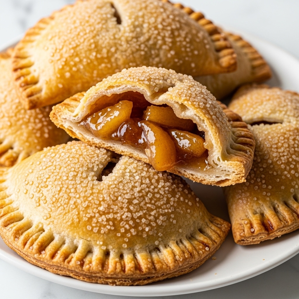 The image shows a close-up of several golden brown hand pies stacked on a white plate. Each hand pie has a flaky, slightly crispy crust with a rough texture and sugar crystals sprinkled on top. One of the hand pies is cut in half, revealing a warm, gooey filling inside with a mix of soft, caramelized fruit pieces in shades of light brown and amber. The hand pies have a rounded, half-moon shape with crimped edges that show some browning. The background has a white marbled texture. photo taken with an iphone --ar 4:5 --v 7