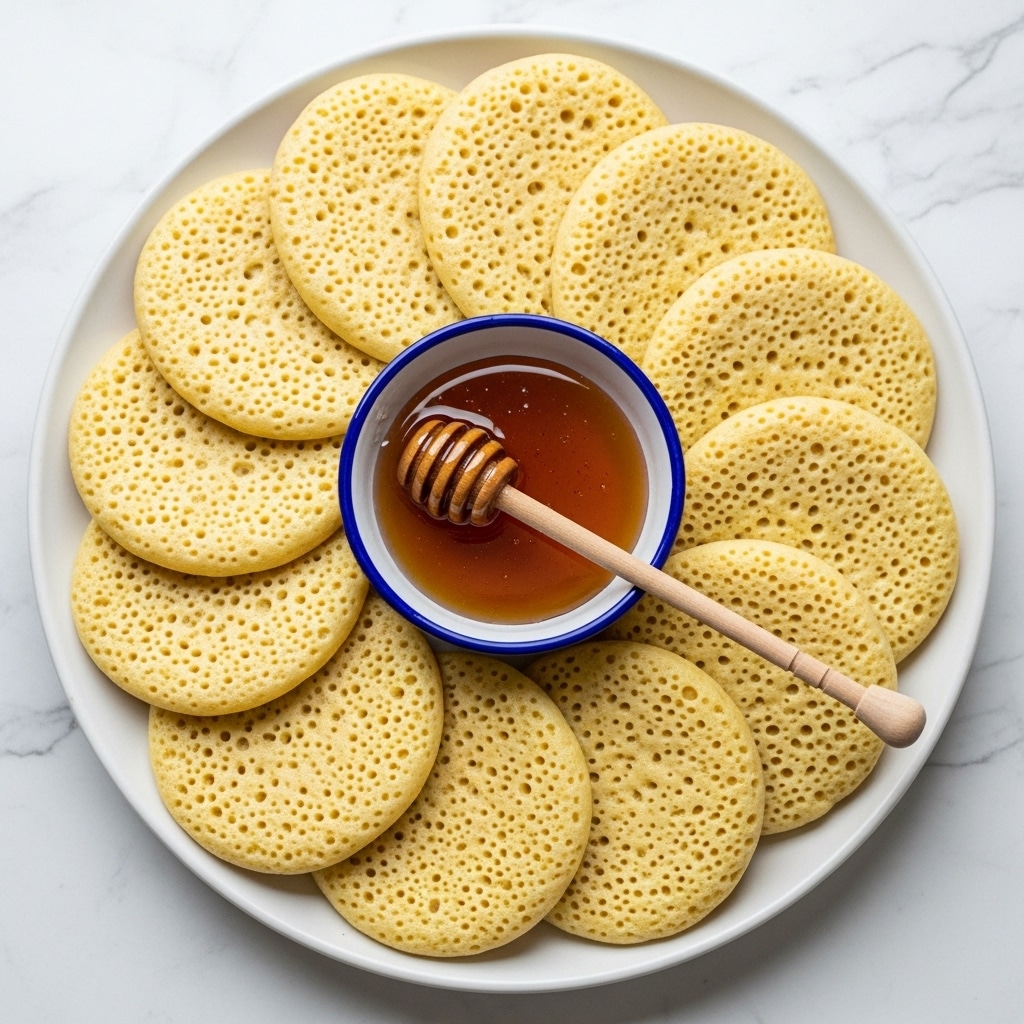 A stack of three thick, fluffy pancakes with a light golden-brown color and visible small holes, placed on a white plate with a turquoise inner surface. On top of the pancakes, there is a round pat of melting light yellow butter, with amber-colored syrup being poured over it from above, dripping down the sides of the stack. A vintage silver fork is resting on the plate, touching the bottom pancake. The setting is on a white marbled surface. photo taken with an iphone --ar 4:5 --v 7