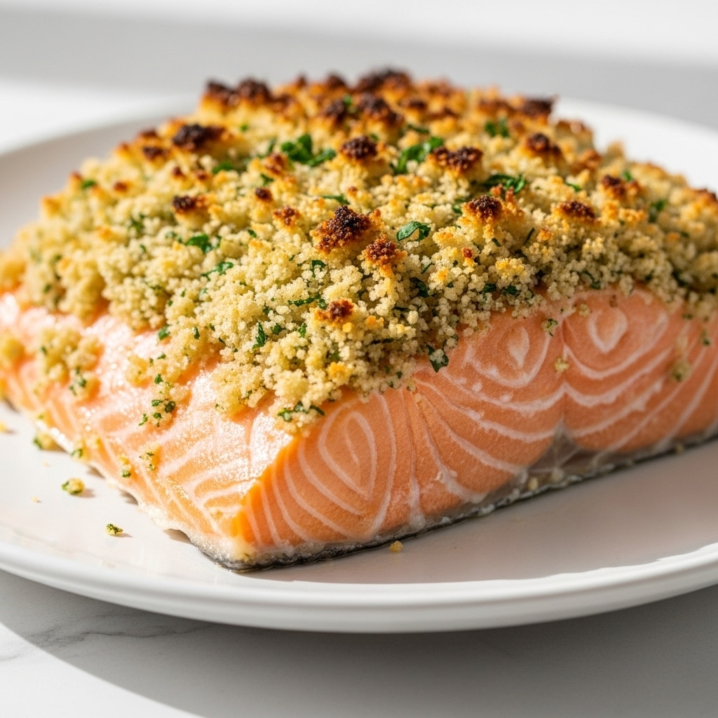 The image shows a close-up of a piece of baked salmon with a crunchy golden-brown topping. The topping looks crispy and textured with small bits of herbs sprinkled on top, adding a green contrast. The salmon beneath is soft and pink, visible through the crunchy crust. The food sits on a white plate that rests on a white marbled surface. photo taken with an iphone --ar 4:5 --v 7
