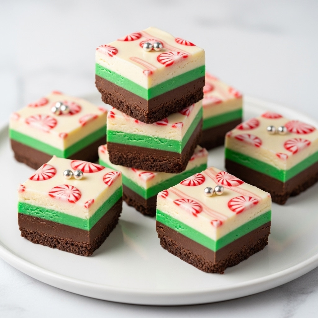 The image shows six square pieces of layered fudge stacked on a white plate with a white marbled texture surface in the background. Each piece has three clear layers: a bottom thick dark brown chocolate layer with a smooth texture, a thin middle green layer, and a thick creamy white top layer with red and white swirls creating a peppermint candy pattern. A few silver edible beads sit on the top white layer. The fudge pieces are arranged with some stacked and others placed around, showing sharp edges and smooth cuts. Photo taken with an iphone --ar 4:5 --v 7