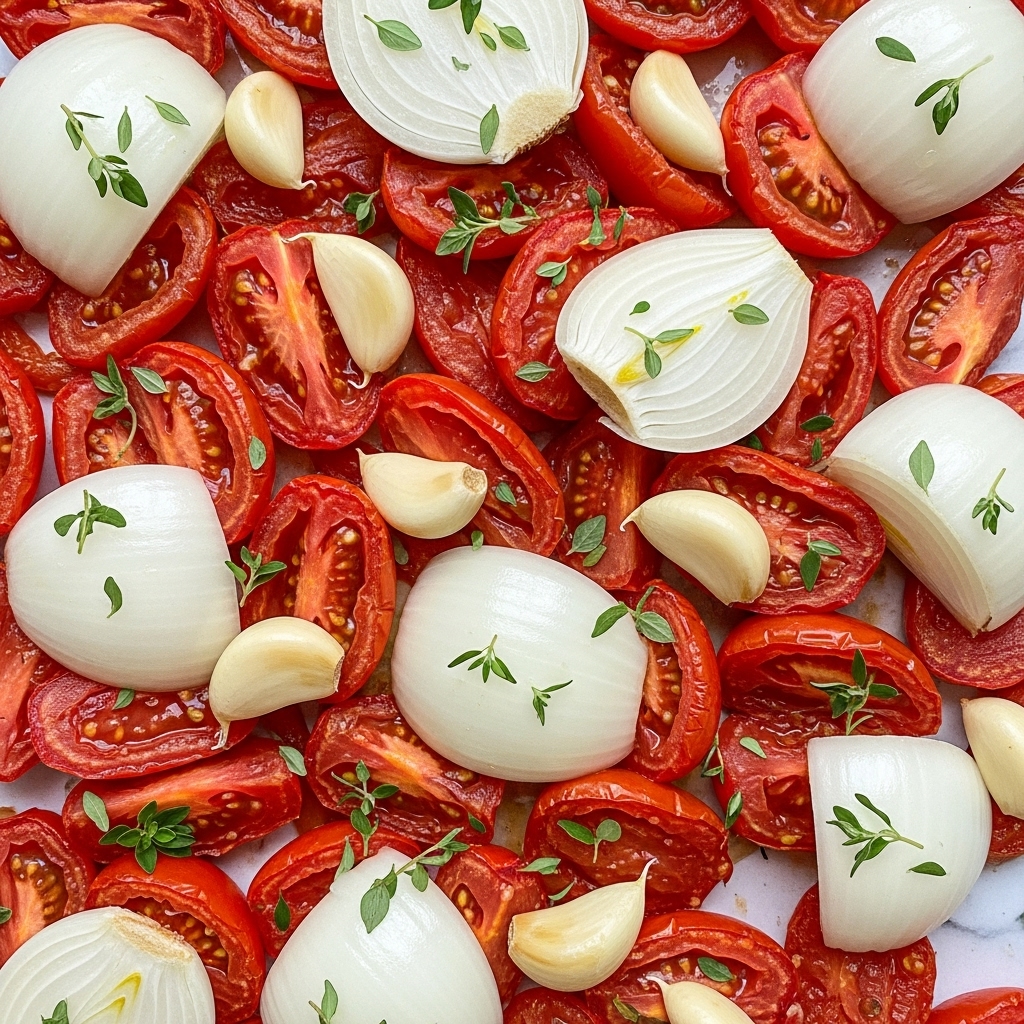 The image shows a close-up of a tray filled with red tomato pieces that are cut into halves and quarters, creating the first vibrant layer. On top of the tomatoes, there are large white onion chunks, roughly cut, adding a smooth, pale contrast. Scattered around are several small, whole garlic cloves, light yellow in color, adding texture and variety. Small green sprigs of fresh herbs, likely thyme or oregano, are placed over the top, giving a fresh, leafy detail. The surface beneath the tray has been changed to a white marbled texture. Photo taken with an iphone --ar 4:5 --v 7