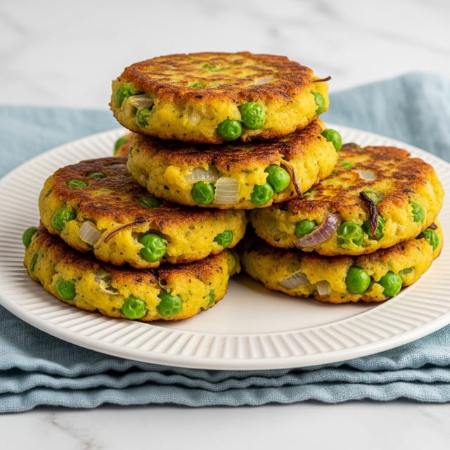 A stack of four golden-brown fritters sits on a white round plate with a ridged edge, placed on a light blue cloth on top of a white marbled surface. Each fritter is thick and uneven, showing a crispy texture with browned, crunchy spots on the outside. Bright green peas and pieces of onions are visible inside and throughout the layers of the fritters, adding pops of color against the yellowish, soft mashed potato base. The fritters are piled slightly haphazardly, showing their rustic homemade look. Photo taken with an iphone --ar 4:5 --v 7