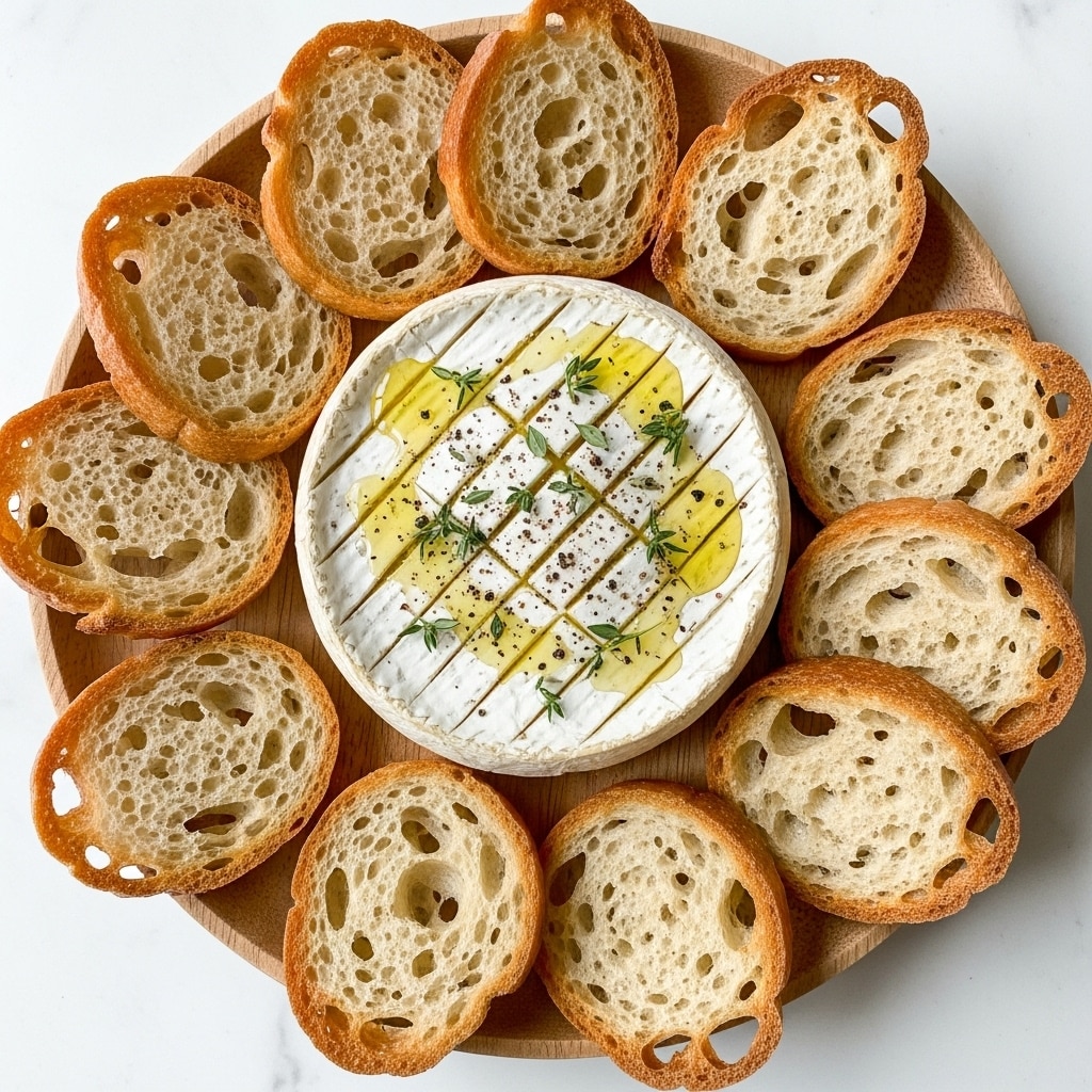 A round white wooden box filled with a wheel of pale cream cheese, its surface scored with diagonal cuts forming diamond shapes, dripping with golden olive oil and scattered with small sprigs of fresh green thyme, the cheese sits centered on a silver baking tray with raised edges, which is placed on a white marbled surface. In the top left corner, a clear glass bowl holds a pile of toasted golden-brown bread slices. Photo taken with an iphone --ar 4:5 --v 7